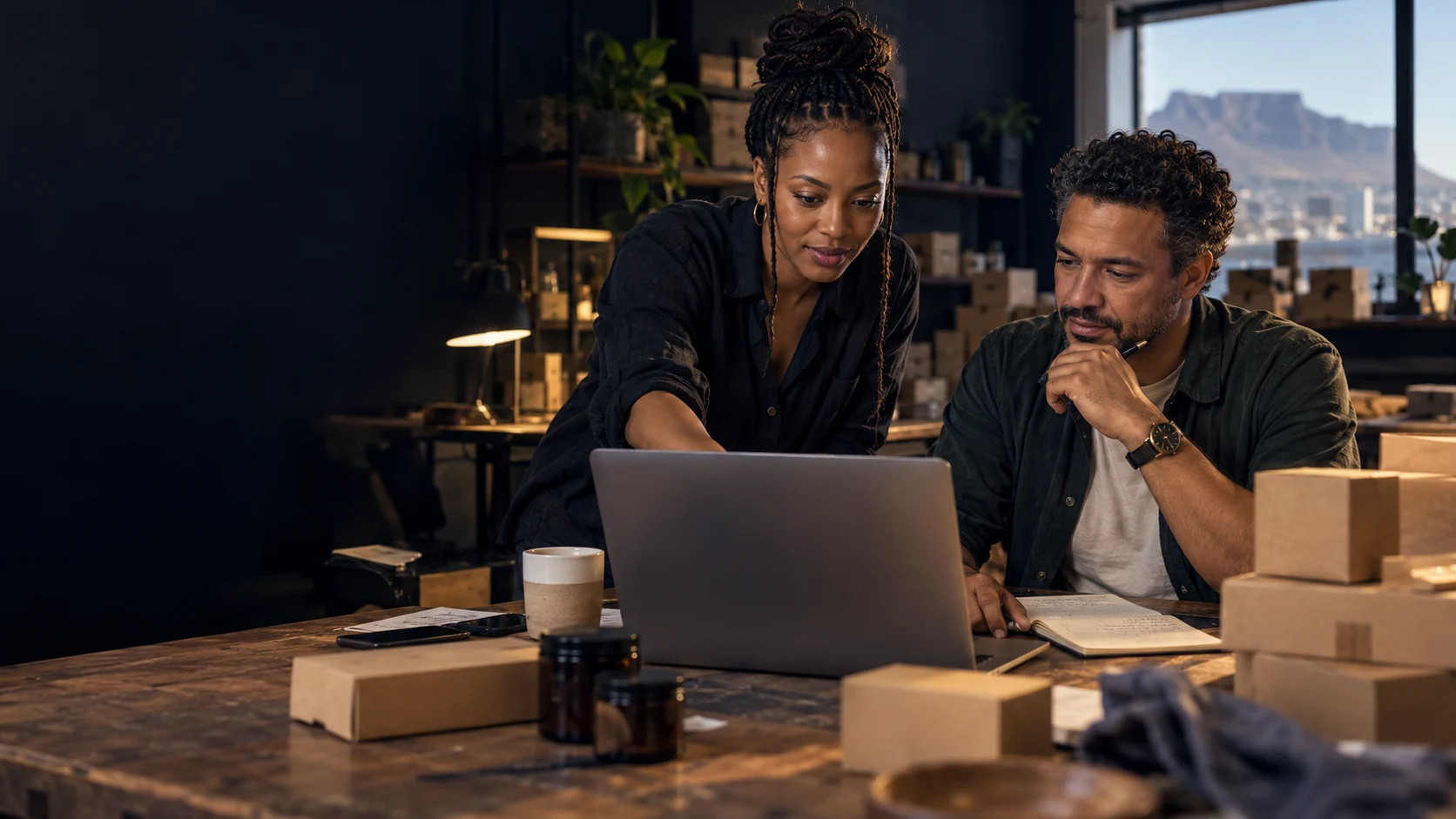South African entrepreneurs collaborating over a laptop in a Cape Town workspace