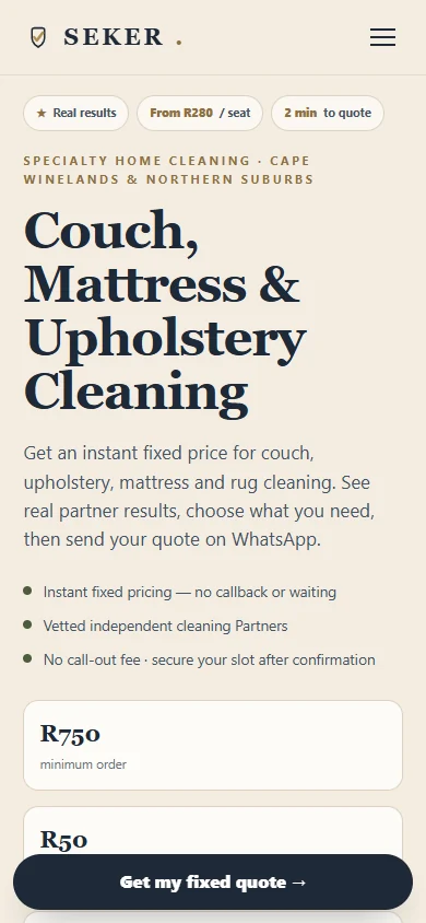 Seker’s mobile homepage with its cleaning service introduction